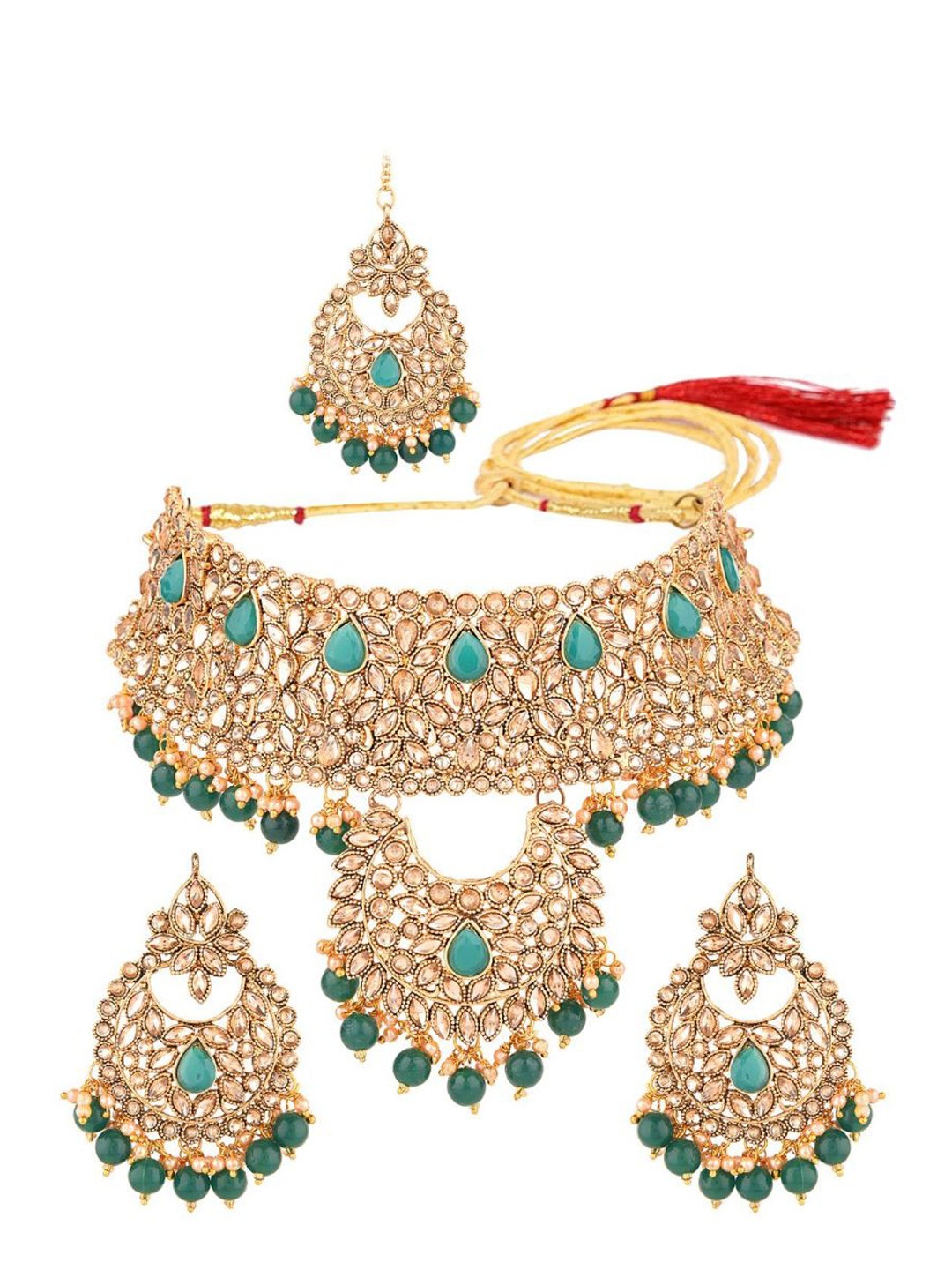 

Efulgenz Gold-Plated Necklace With Earrings & With Maangtikka, Green