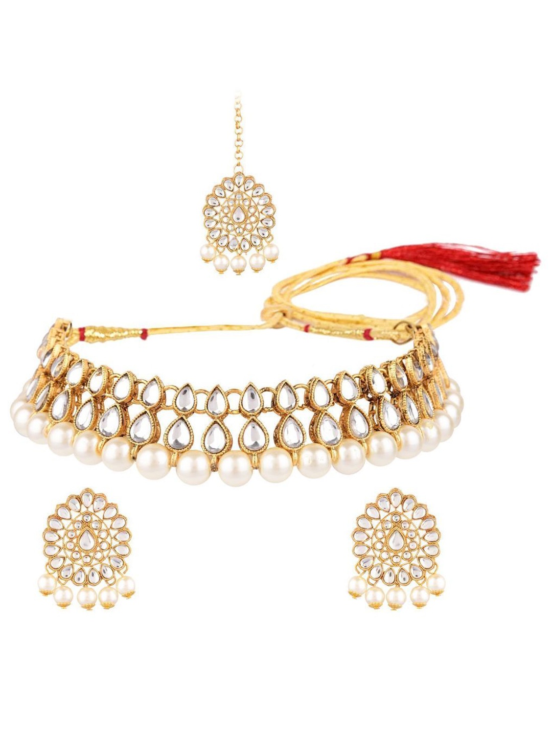 

Efulgenz Gold-Plated Kundan Necklace With Earrings & Maangtikka, White