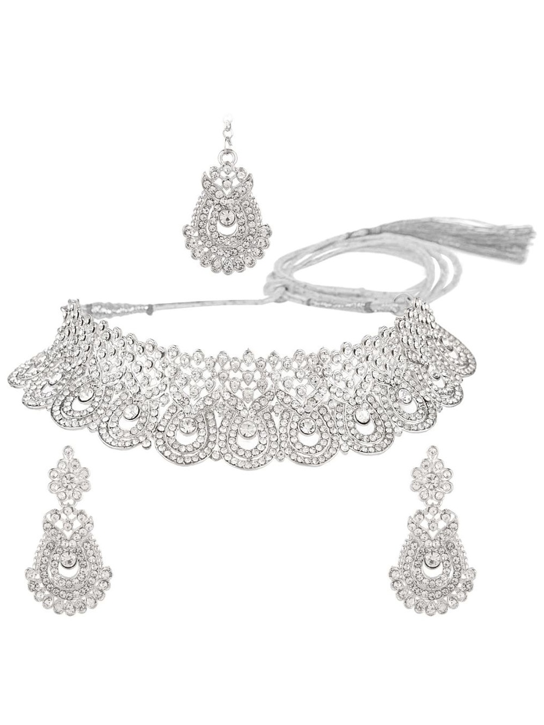 

Efulgenz Rhodium-Plated Crystal-Studded & Beaded Jewellery Set, Silver