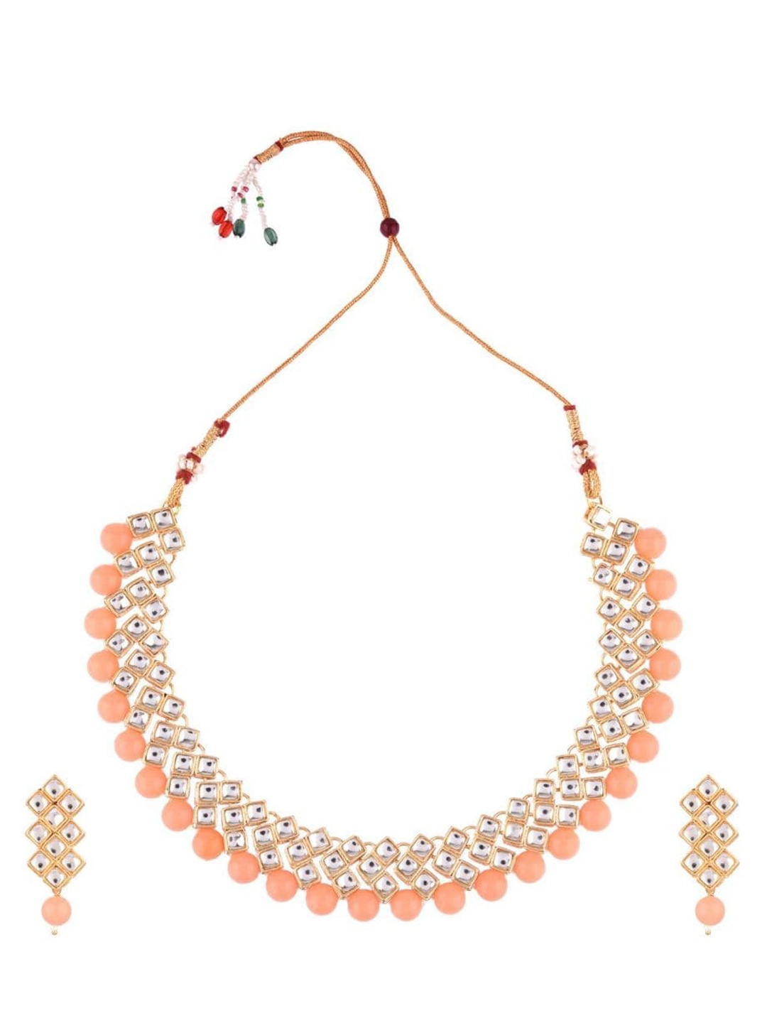 

Efulgenz Gold-Plated Kundan-Studded & Pearl Beaded Jewellery Set, Peach