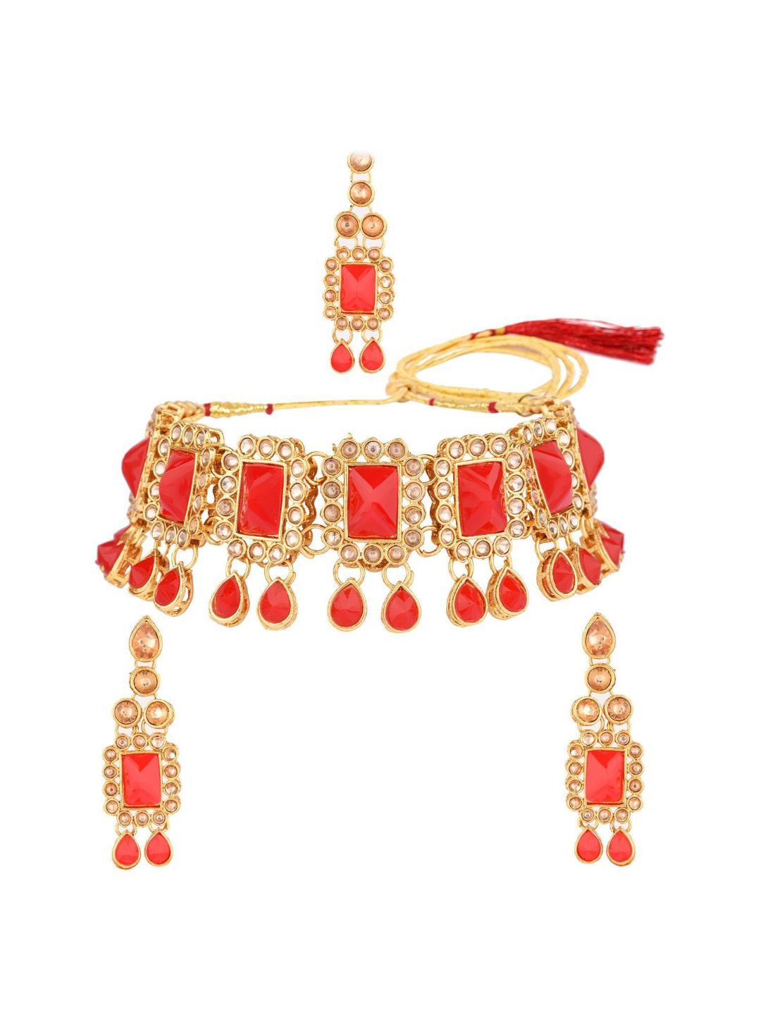 

Efulgenz Gold-Plated Necklace With Earrings & With Maangtikka, Red