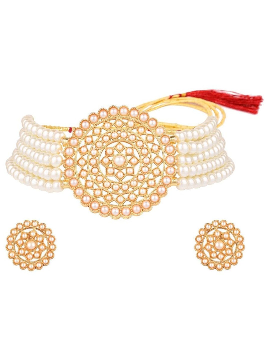

Efulgenz Gold-Plated Crystal-Studded & Pearl Beaded Jewellery Set