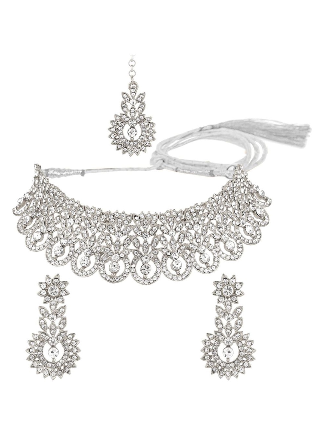 

Efulgenz Rhodium-Plated Crystal-Studded & Beaded Jewellery Set, Silver