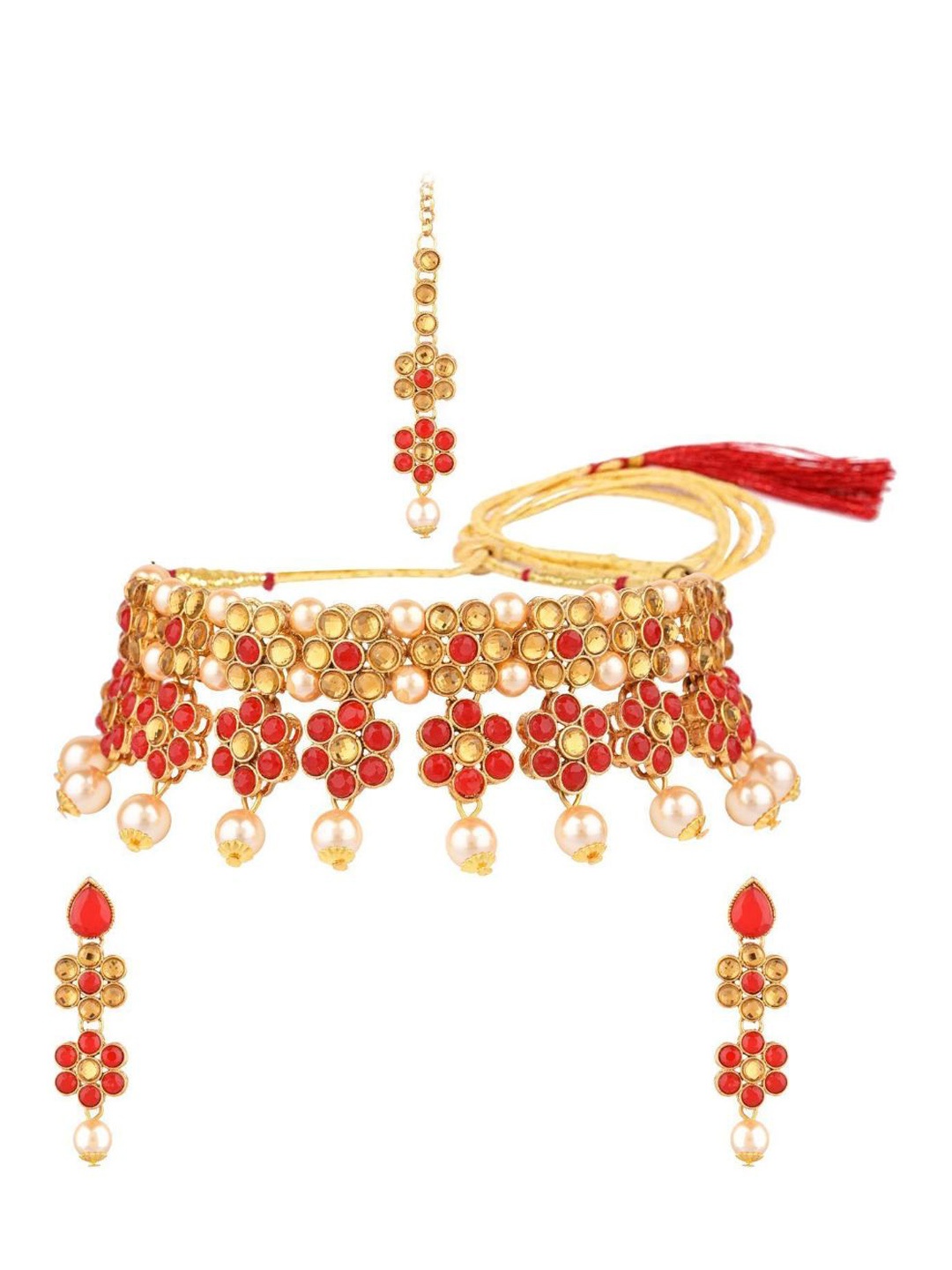 

Efulgenz Gold-Plated Crystal-Studded Jewellery Set, Red