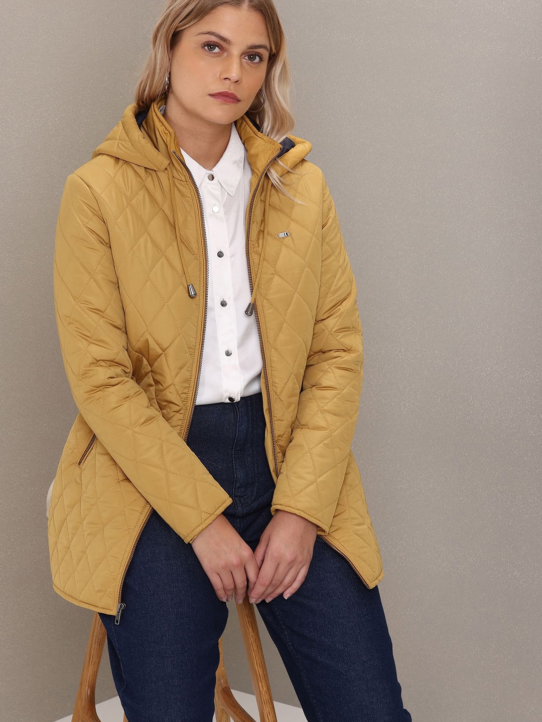 

U S Polo Assn Women Yellow Floral Longline Quilted Jacket