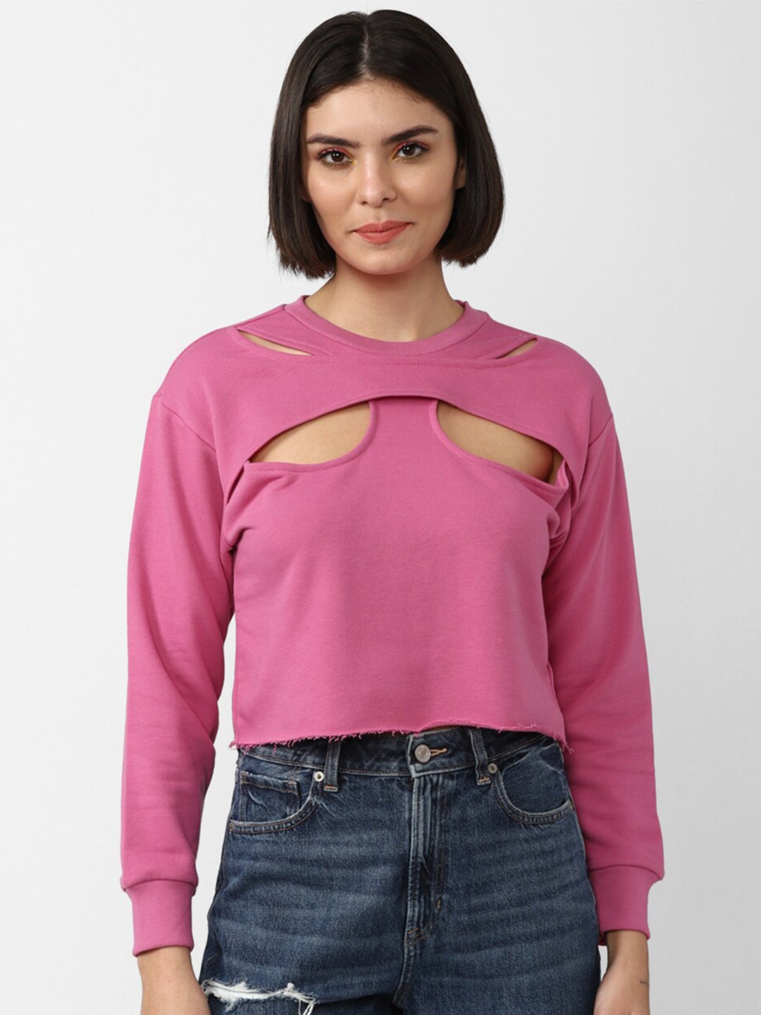 

FOREVER 21 Women Solid Round Neck Long Sleeves Top, Pink