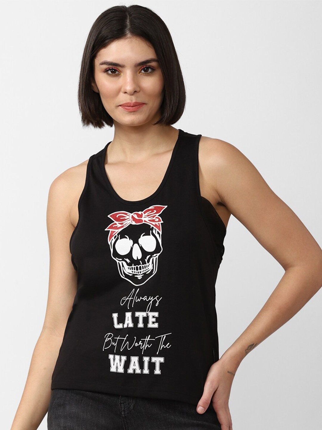 

FOREVER 21 Women Print Tank Top, Black