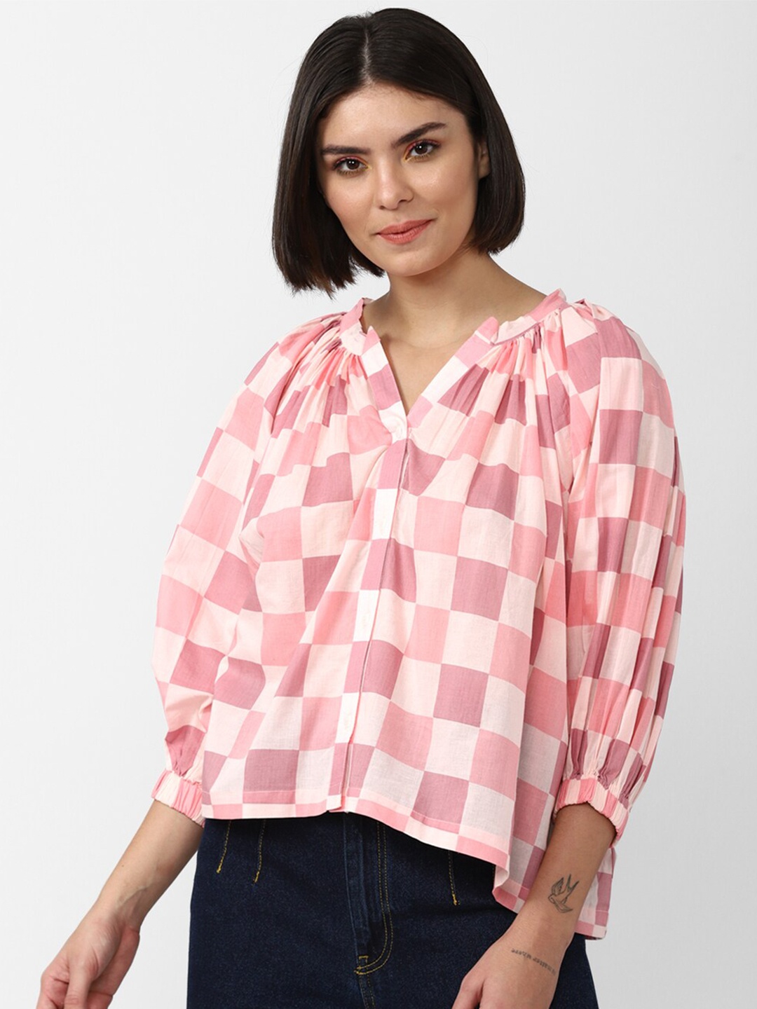 

FOREVER 21 Women Checked Top, Pink