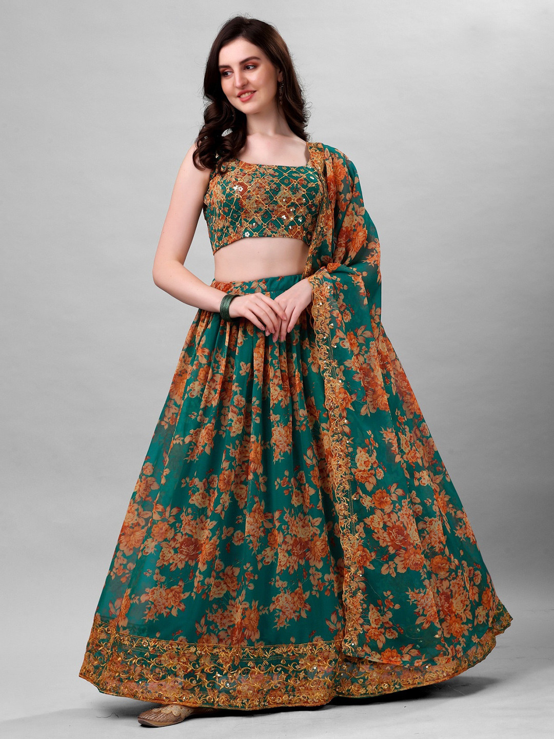 

Ethnic Yard Embroidered Mirror Work Semi-Stitched Lehenga & Unstitched Blouse With Dupatta, Blue