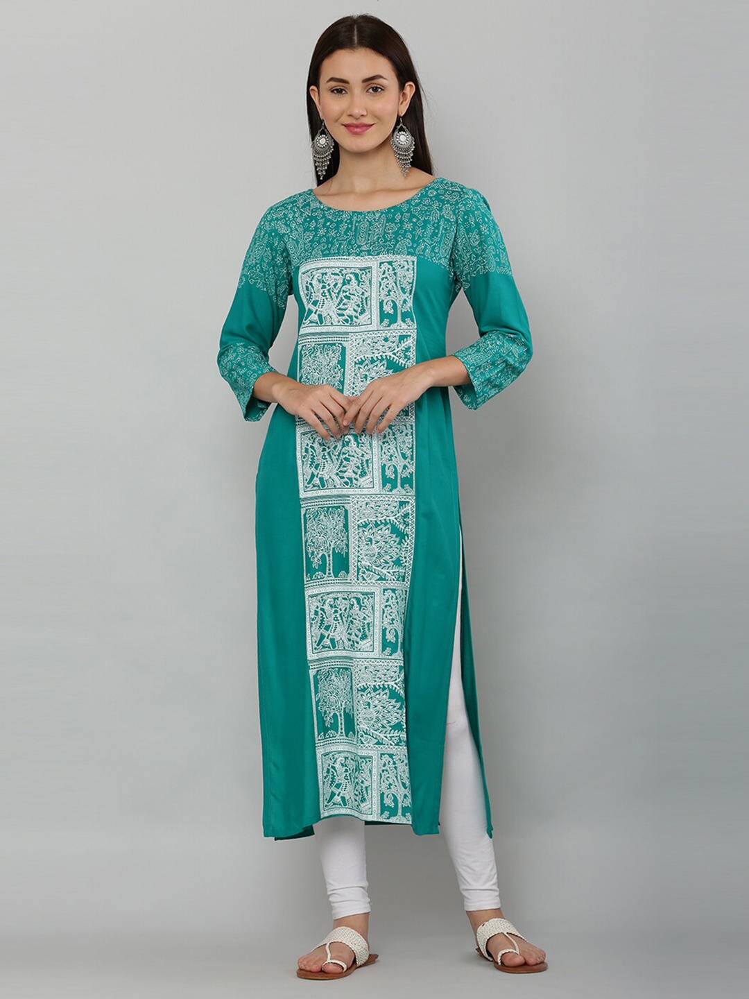 

EZIS FASHION Women Green & White Ethnic Motifs Printed Kurta