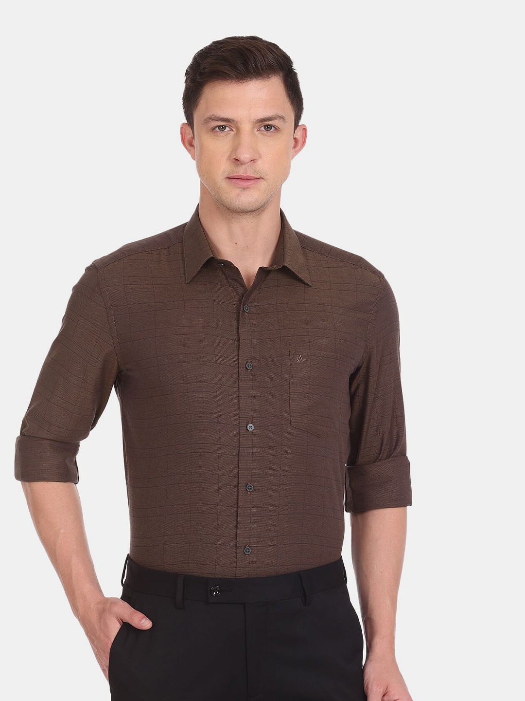 

Arrow Men Slim Fit Checked Cotton Formal Shirt, Brown
