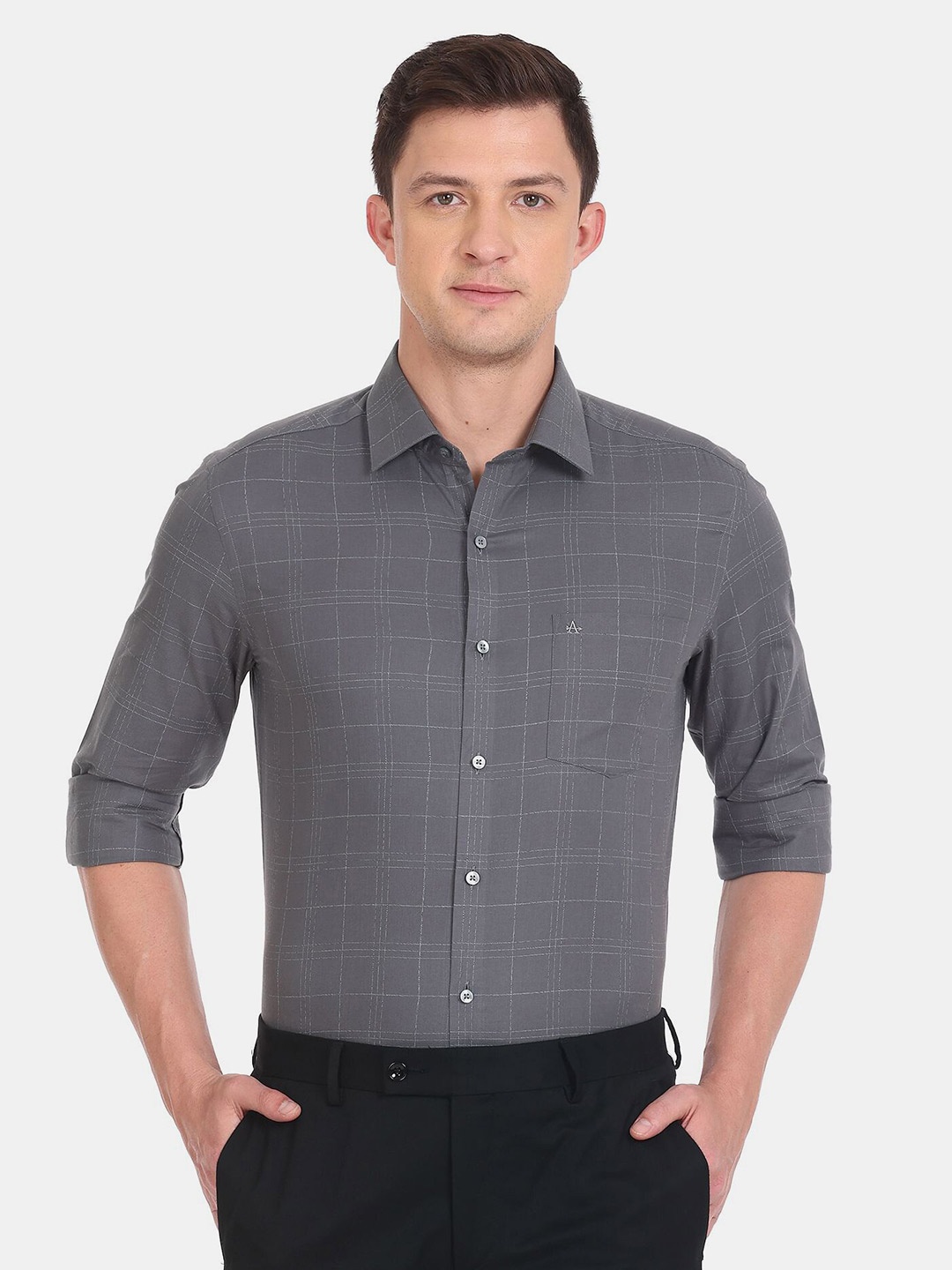 

Arrow Men Slim Fit Windowpane Checks Checked Formal Shirt, Grey