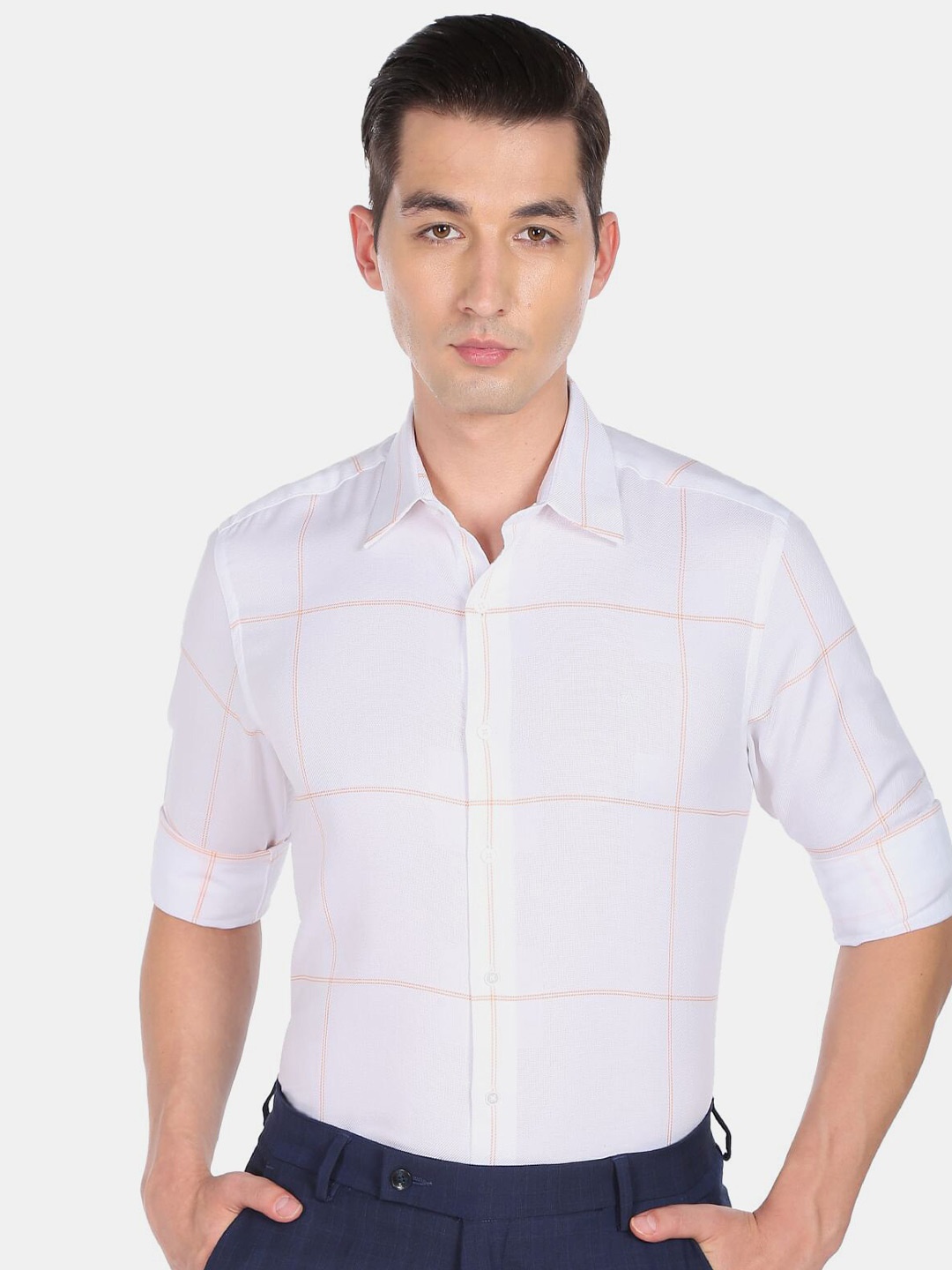 

Arrow New York Men Slim Fit Windowpane Checked Pure Cotton Formal Shirt, White