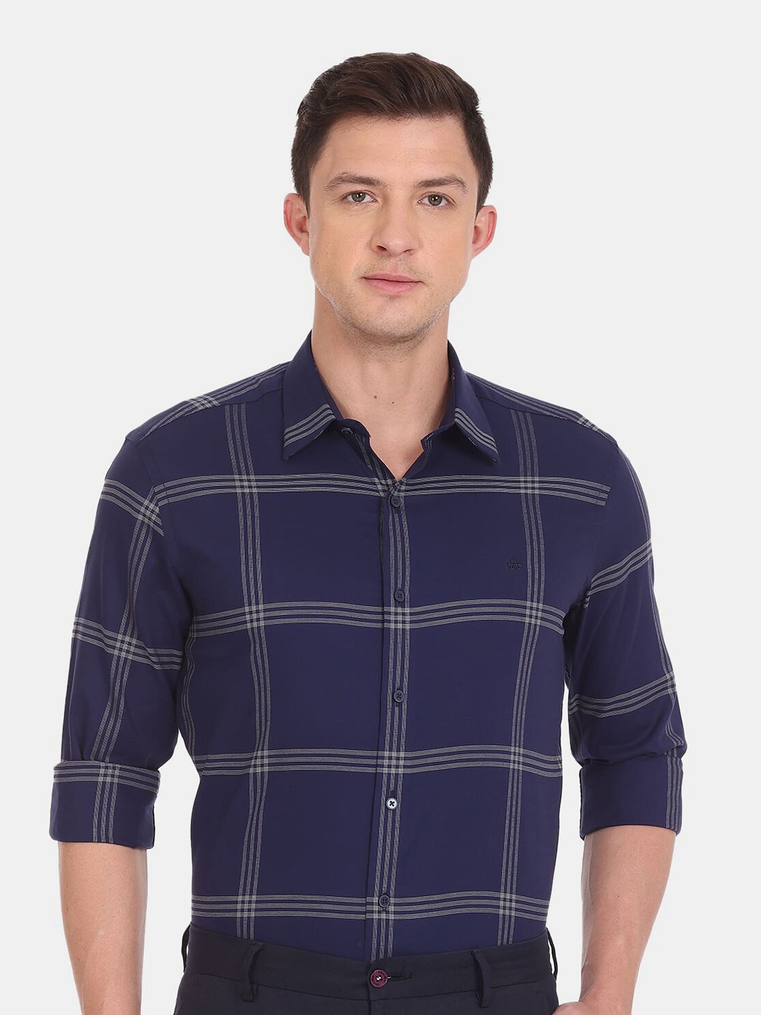 

Arrow New York Men Slim Fit Windowpane Checked Pure Cotton Formal Shirt, Blue