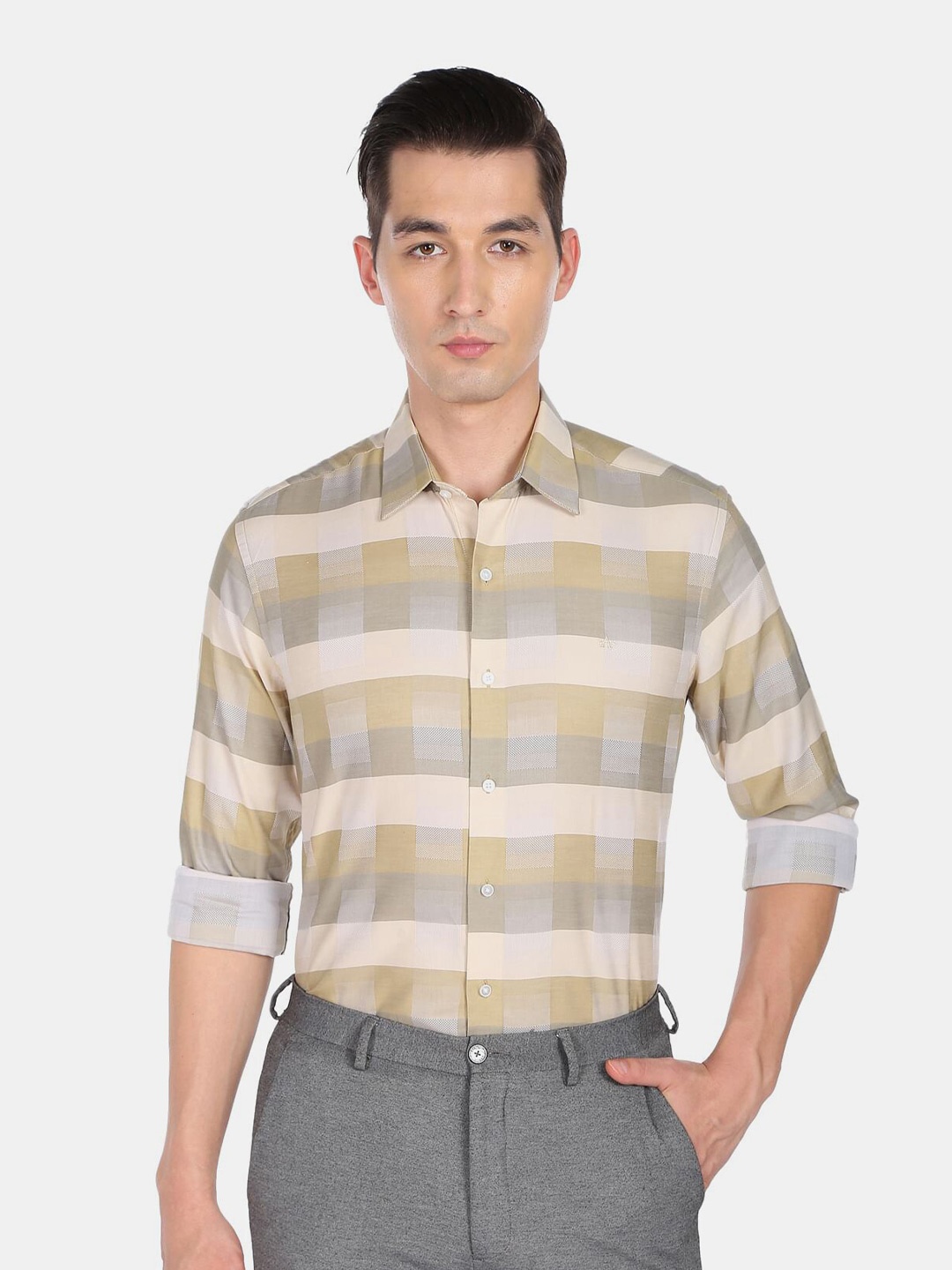 

Arrow New York Men Slim Fit Buffalo Checks Checked Pure Cotton Formal Shirt, Beige