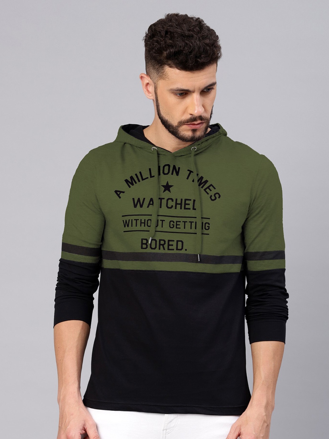 

Maniac Men Printed Typography Striped Pure Cotton Slim Fit T-shirt, Olive