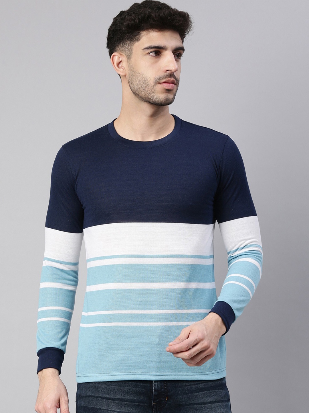 

Maniac Men Pure Cotton Striped Slim Fit T-shirt, Navy blue