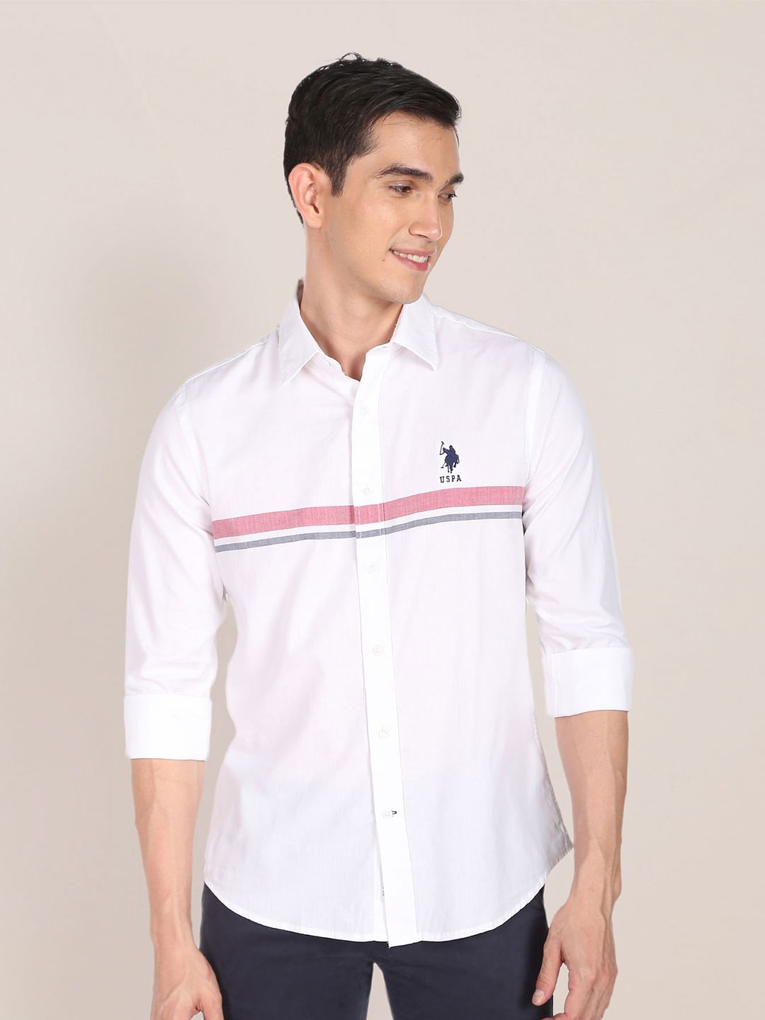 

U S Polo Assn Men Horizontal Stripes Striped Casual Shirt, White