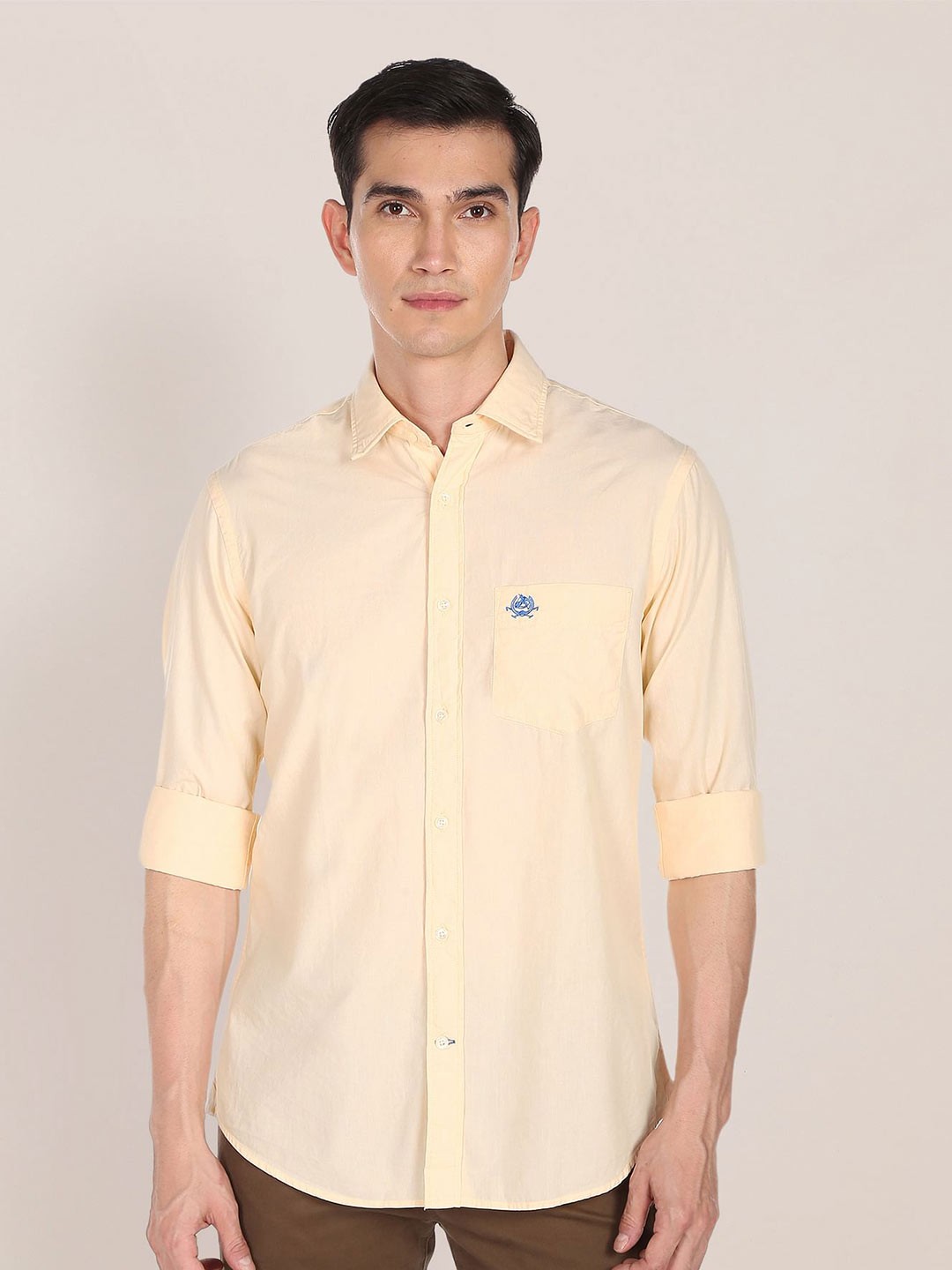 

U S Polo Assn Men Spread Collar Roll-Up Sleeves Casual Shirt, Yellow
