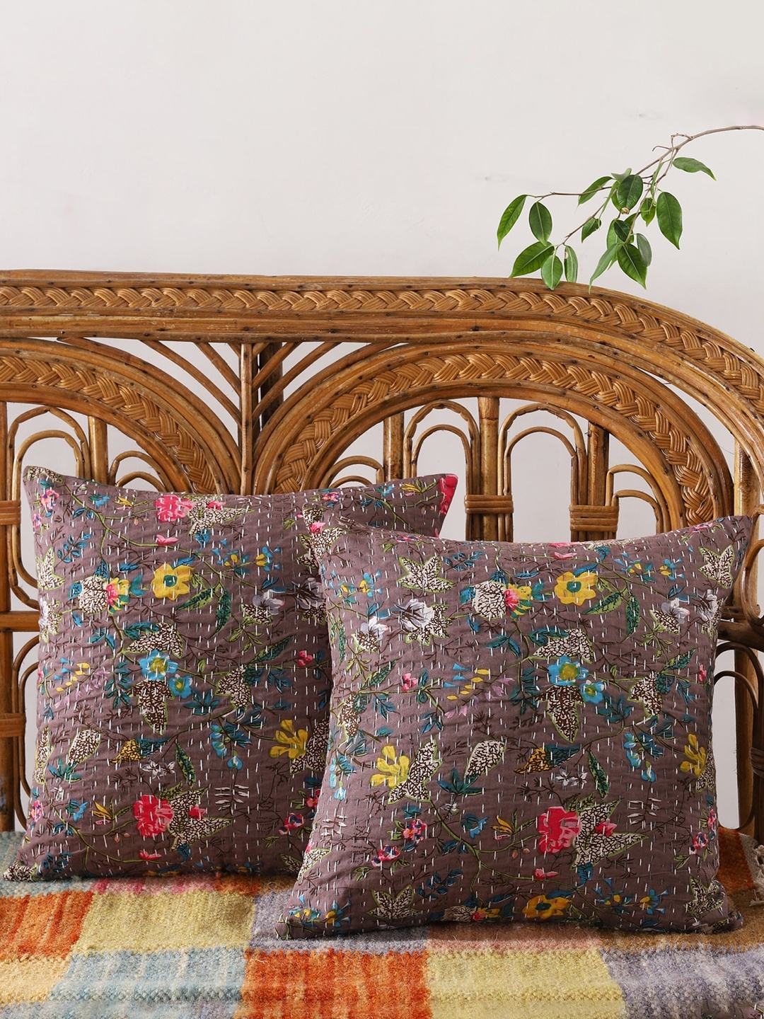 

HANDICRAFT PALACE Set of 2 Cotton Printed Square Cushion Covers, Grey