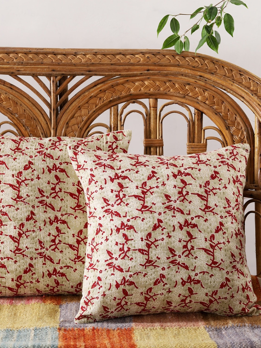 

HANDICRAFT PALACE Set of 2 Floral Square Cushion Covers, Olive