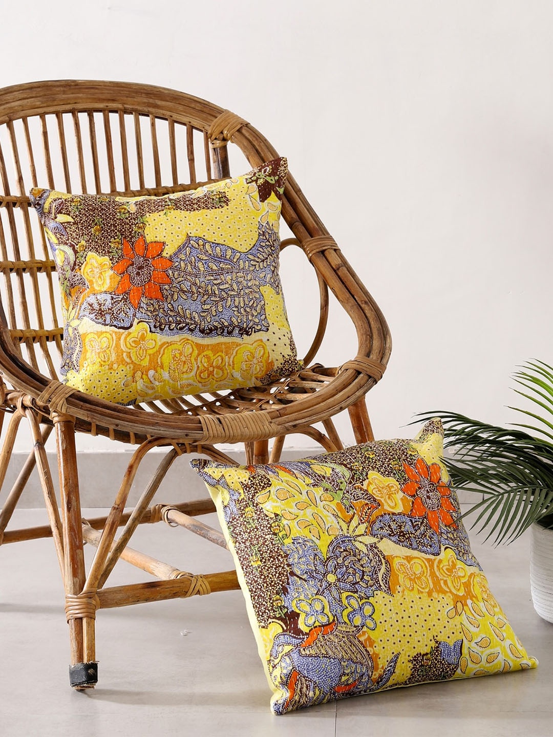 

HANDICRAFT PALACE Set of 2 Cotton Printed Square Cushion Covers, Yellow