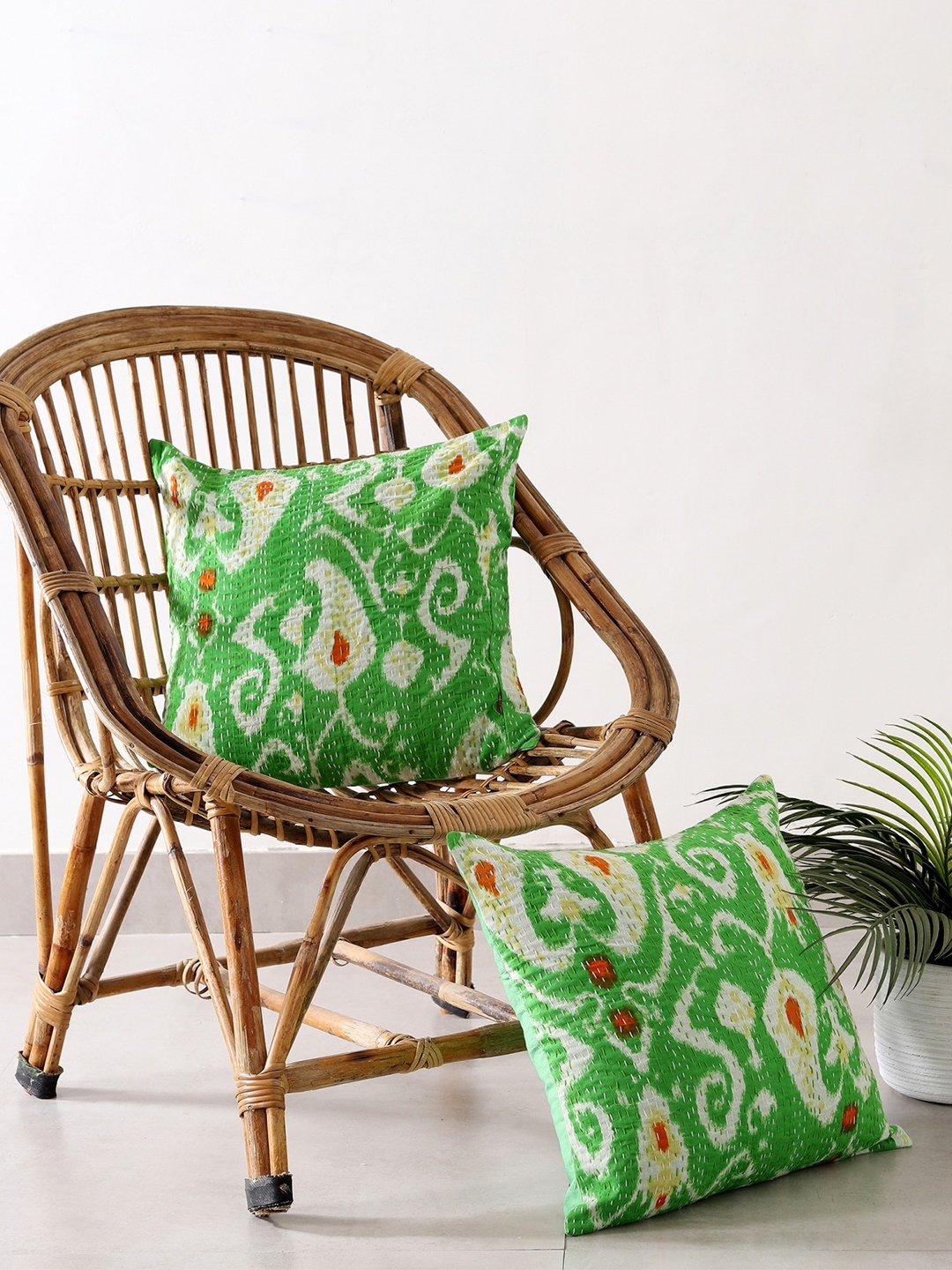 

HANDICRAFT PALACE Set of 2 Cotton Printed Square Cushion Covers, Green