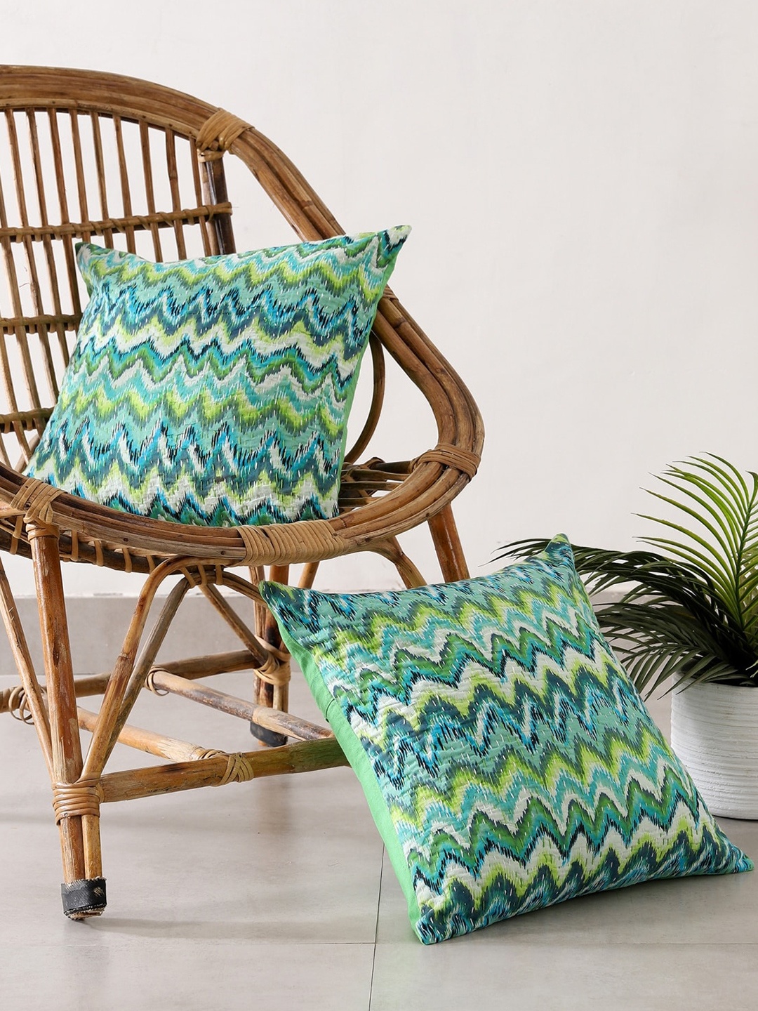 

HANDICRAFT PALACE Pack of 2 Cotton Printed Square Cushion Covers, Green