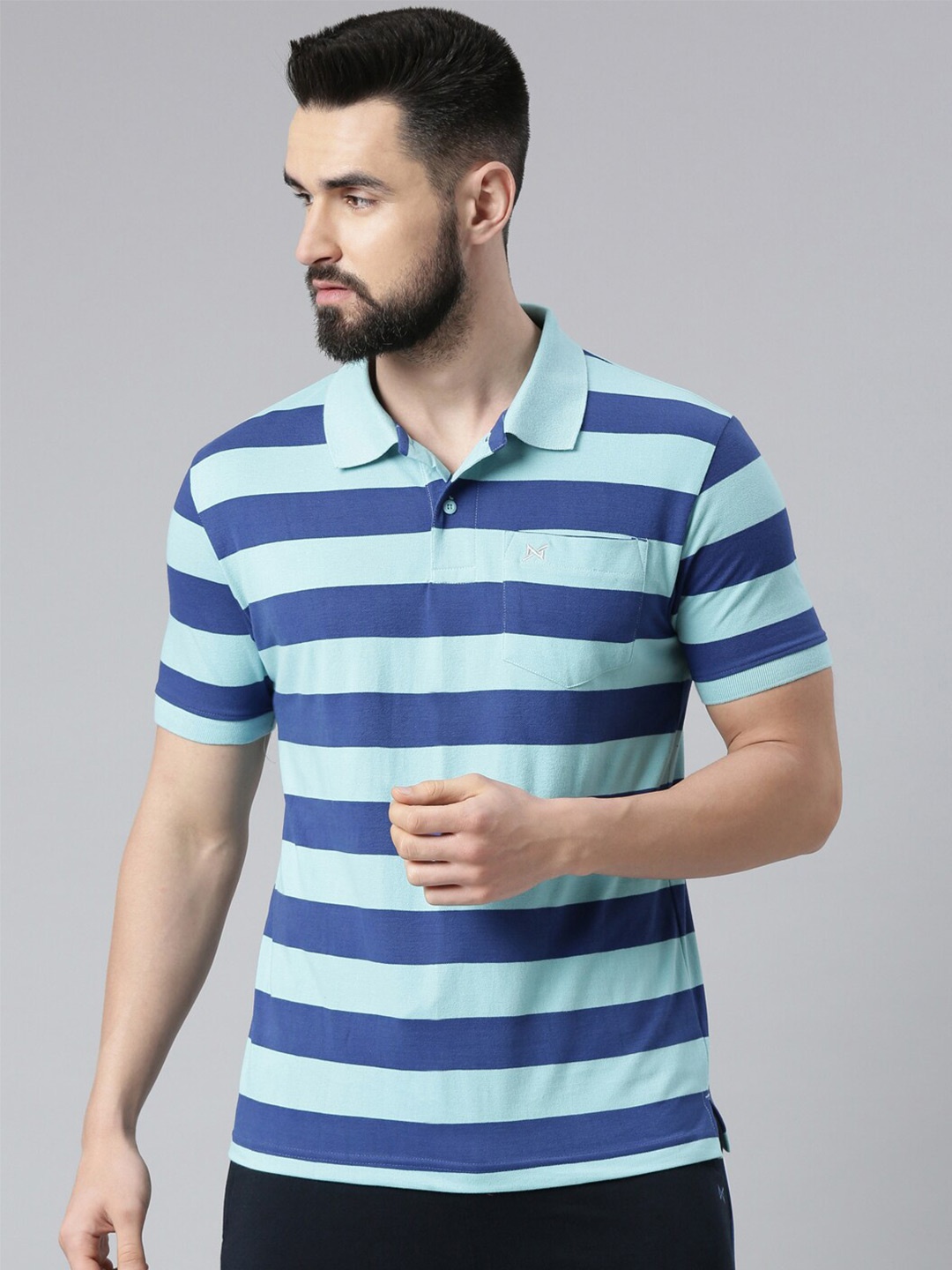

Force NXT Men Striped Polo Collar Super Combed Cotton T-shirt, Blue