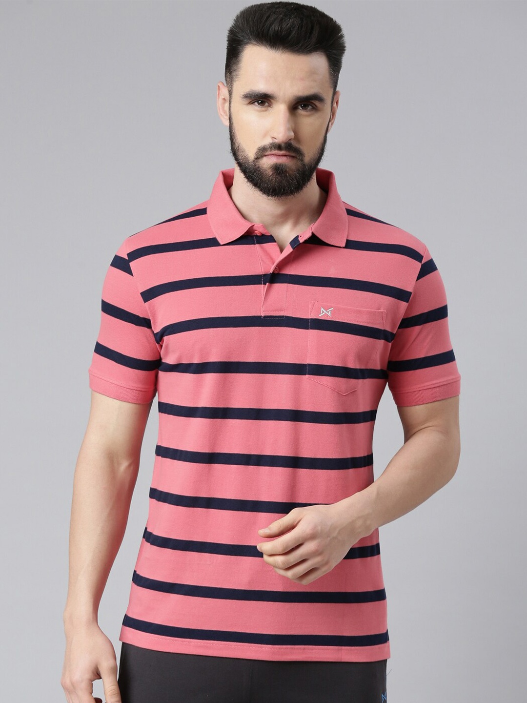 

Force NXT Men Striped Polo Collar Super Combed Cotton T-Shirt, Pink