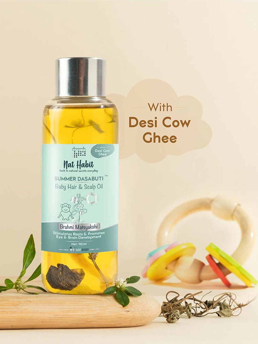 

Nat Habit Summer Dasabuti Baby Hair Scalp Oil with Desi Cow Ghee - 110 ml, Yellow