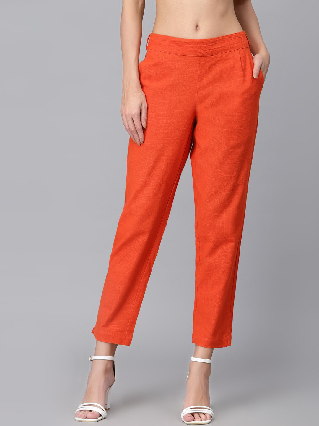 

Ragavi Women Tapered Fit Pleated Cotton Cropped Cigarette Trouser, Orange