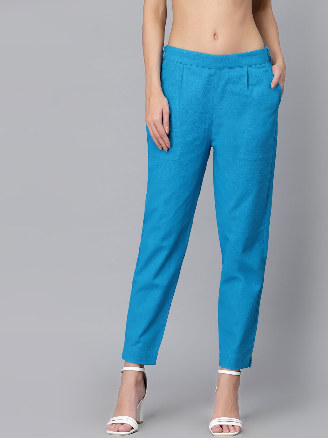 

Ragavi Women Tapered Fit Pleated Cotton Cropped Cigarette Trouser, Blue