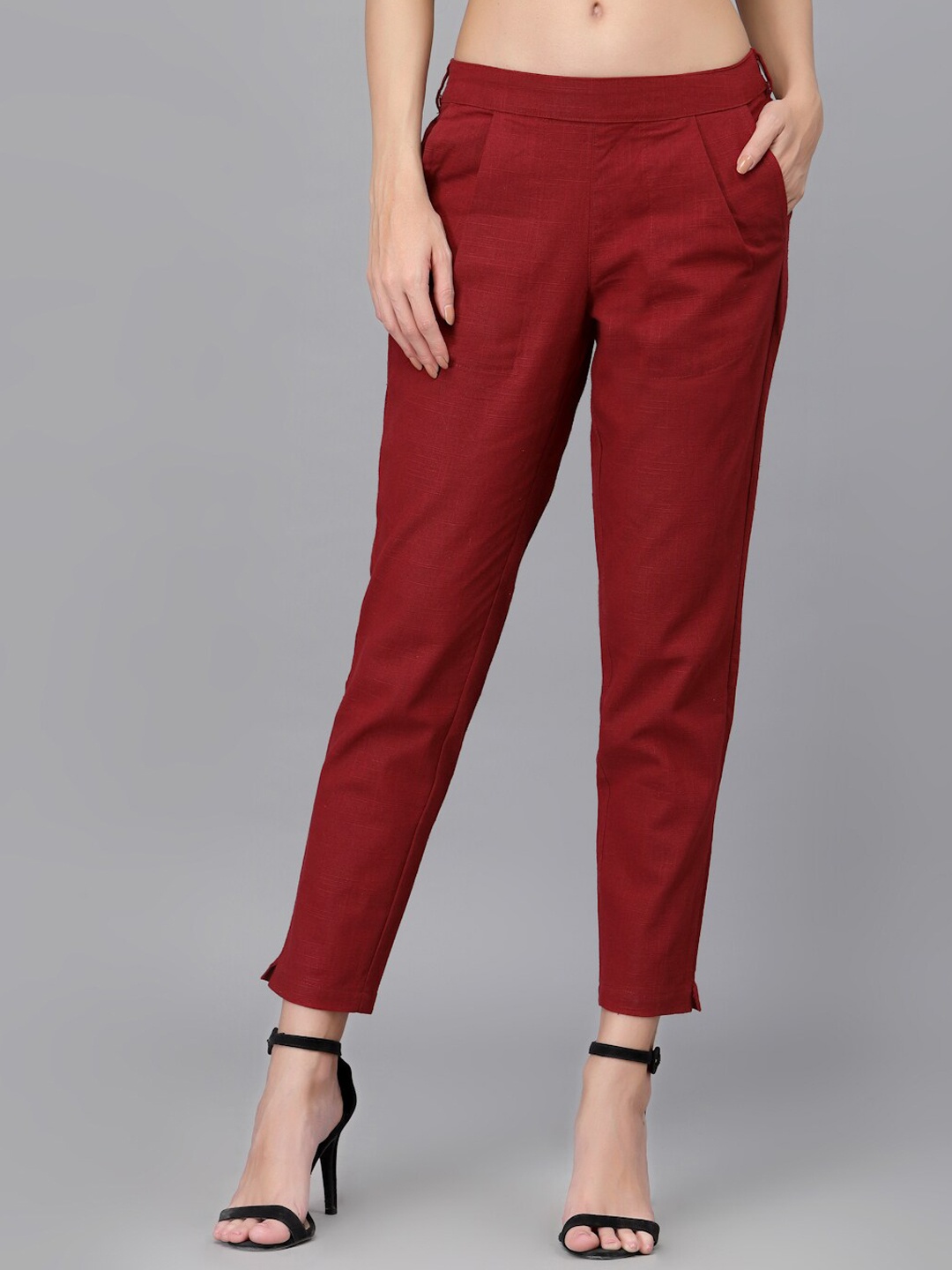 

Ragavi Women Tapered Fit Pleated Cotton Cropped Cigarette Trouser, Rust