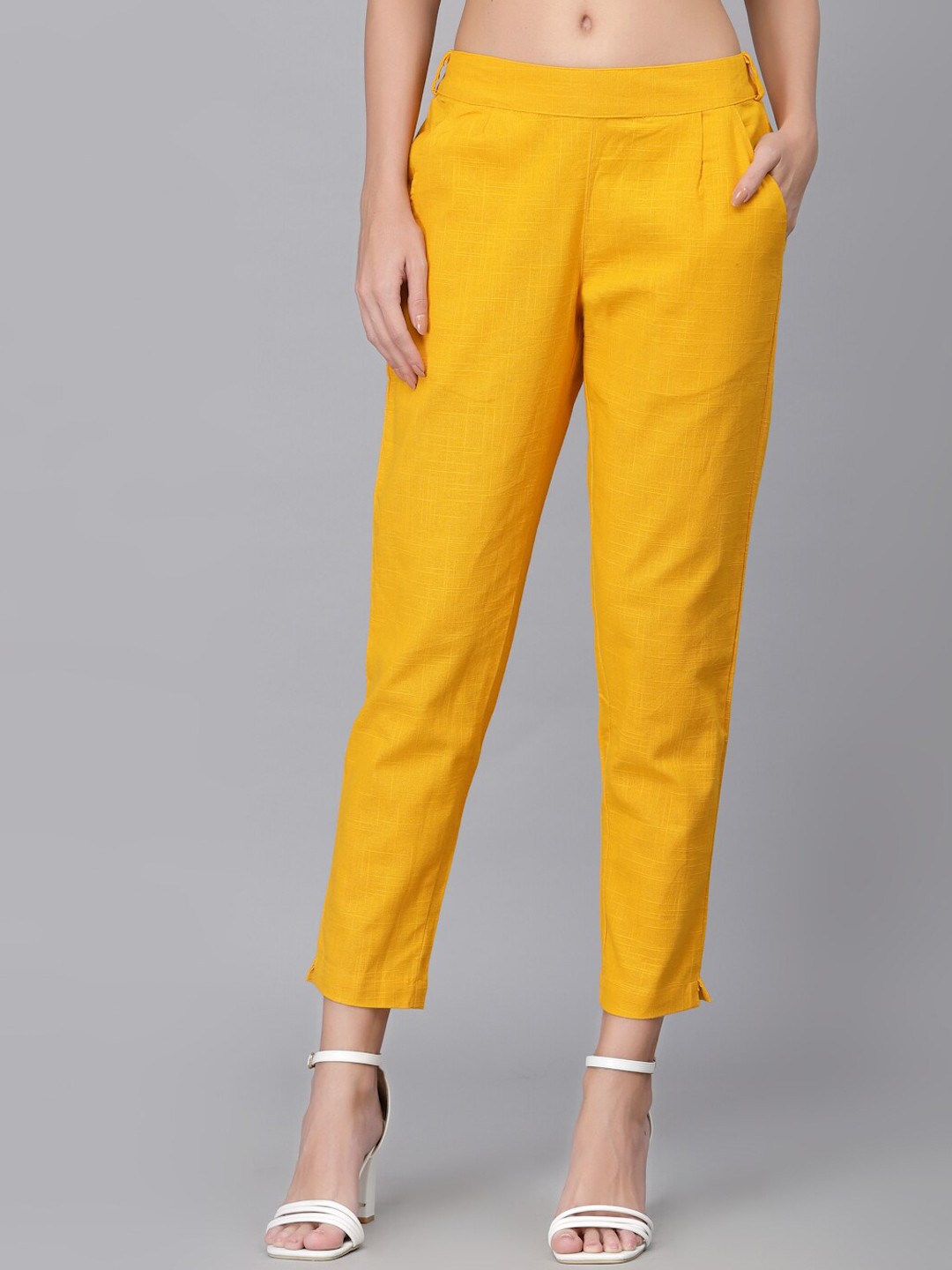 

Ragavi Women Tapered Fit Pleated Cotton Cropped Cigarette Trouser, Yellow