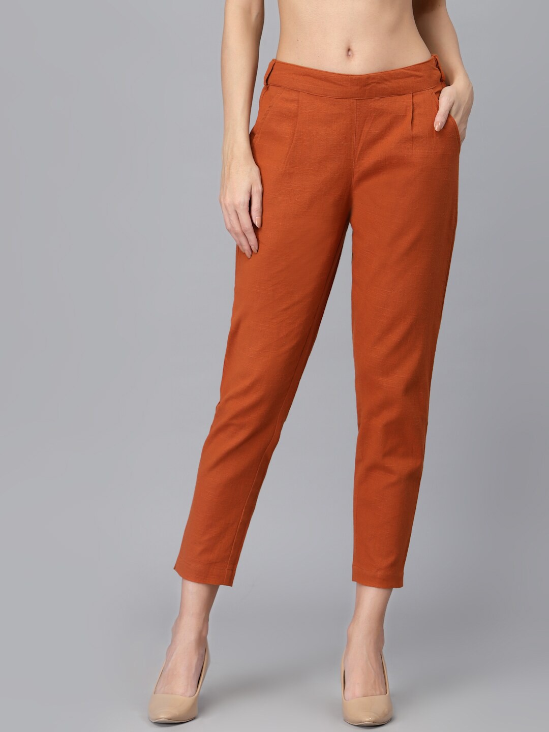 

Ragavi Women Tapered Fit Pleated Cotton Cropped Cigarette Trouser, Orange
