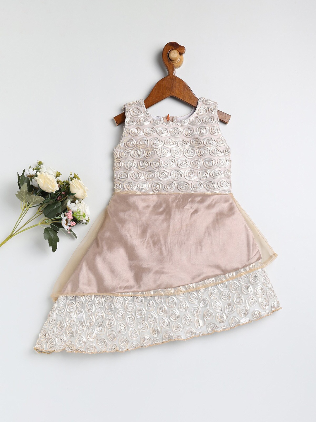 

JBN Creation Girls Embroidered Sleeveless Satin A-Line Dress, Beige