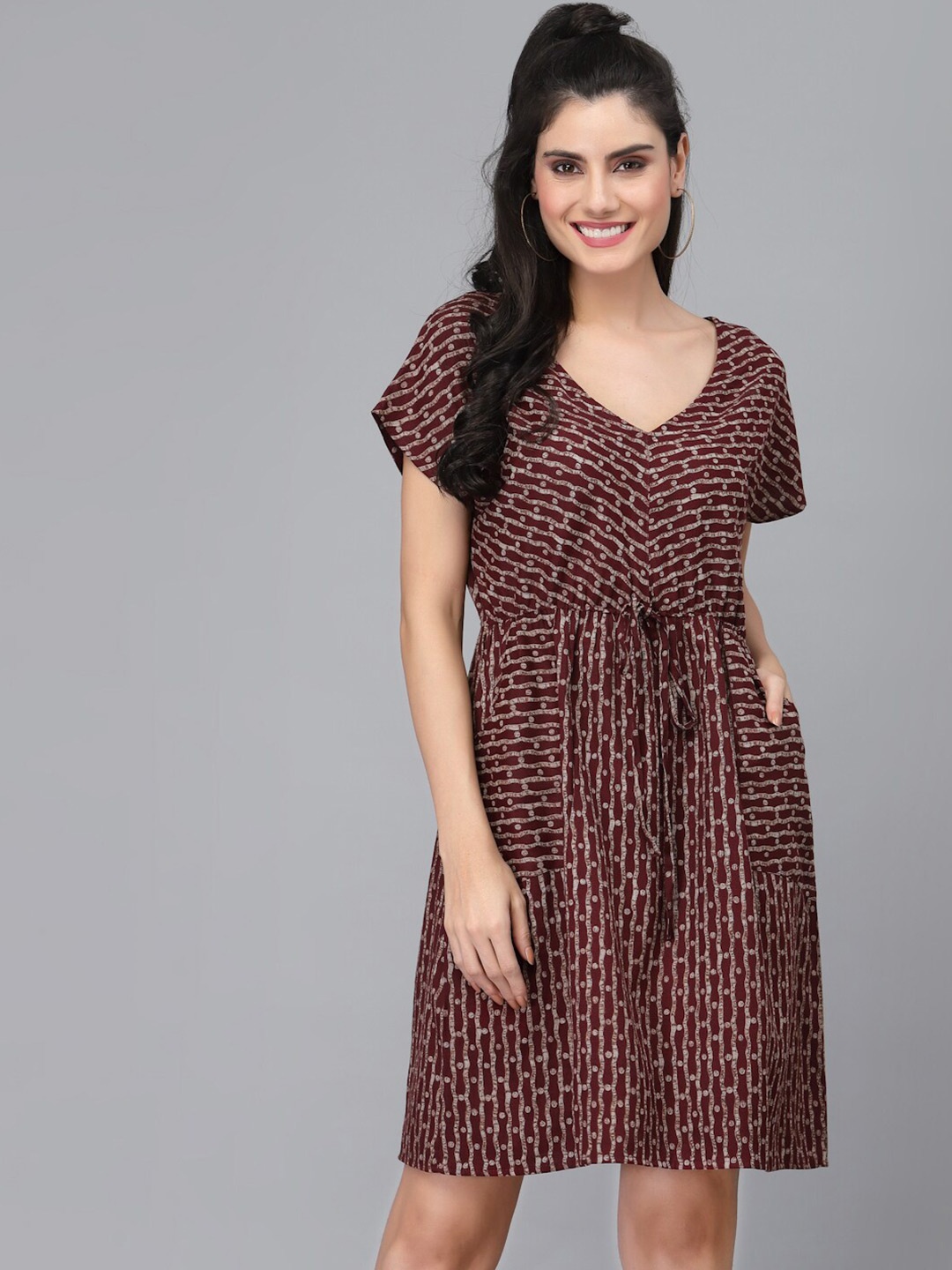 

Ragavi Maroon Printed V-Neck Rayon A-Line Dress