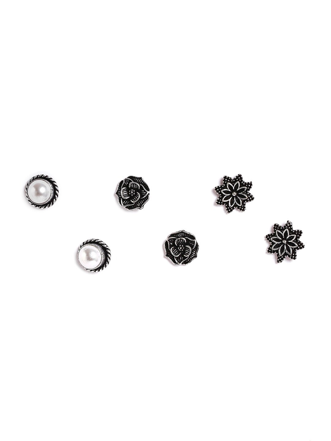 

EL REGALO Set of 3 Oxidised Silver Plated Floral Studs Earrings, Black