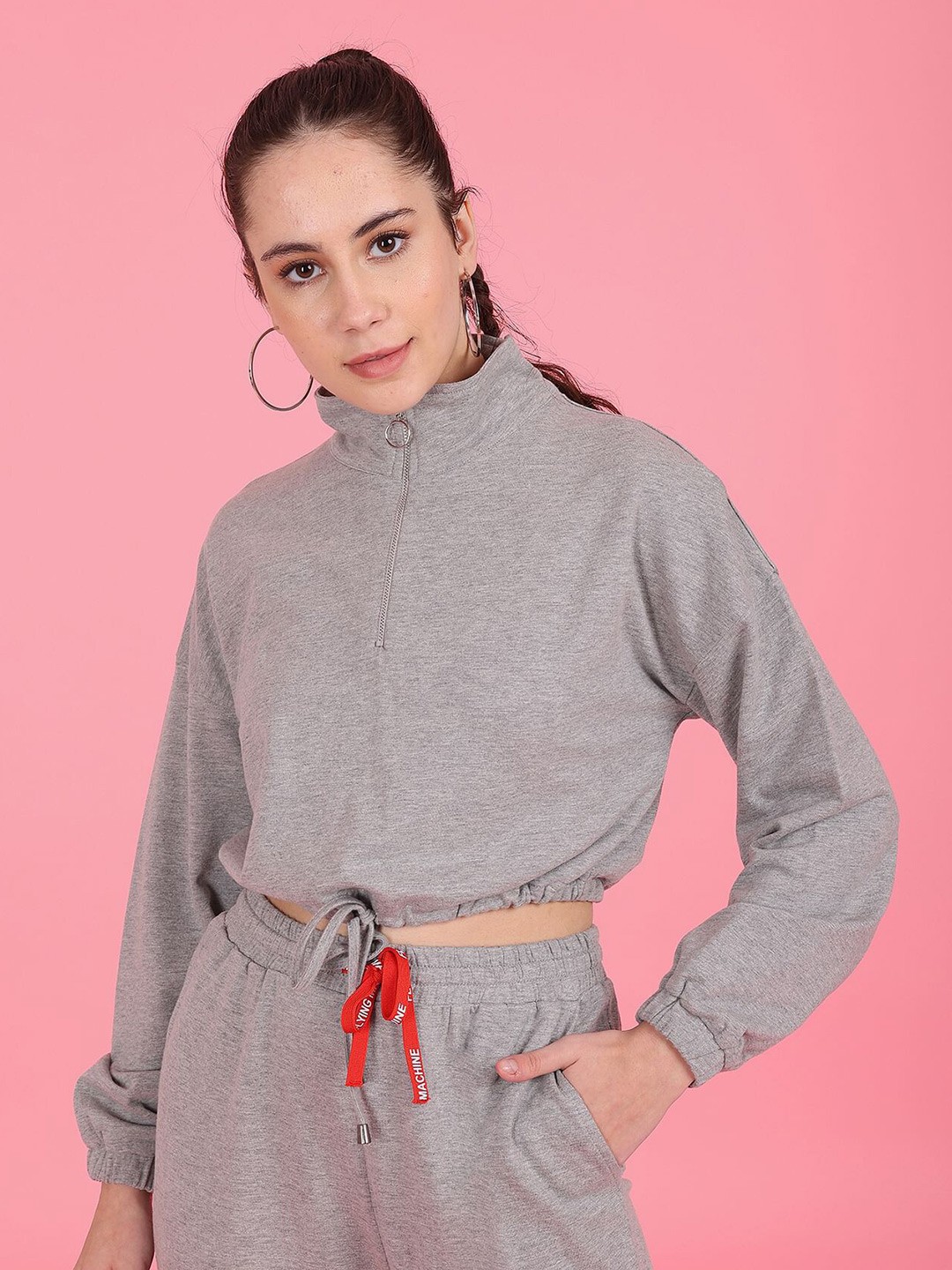 

Flying Machine Women Grey Front-Open Lightweight Crop Sweatshirt With Waist Detailing
