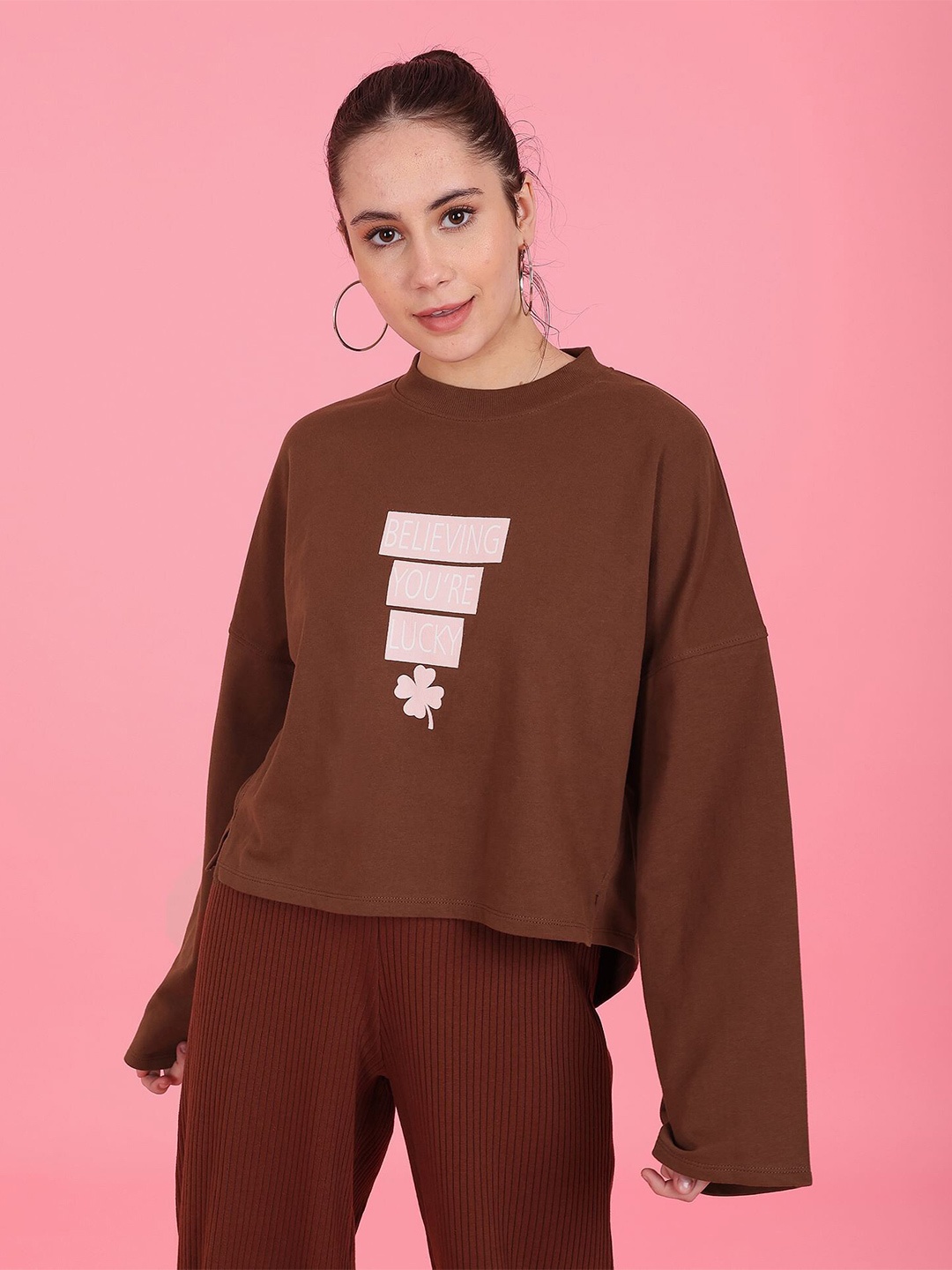 

Flying Machine Women Lightweight Printed Cotton Boxy Sweatshirt, Brown