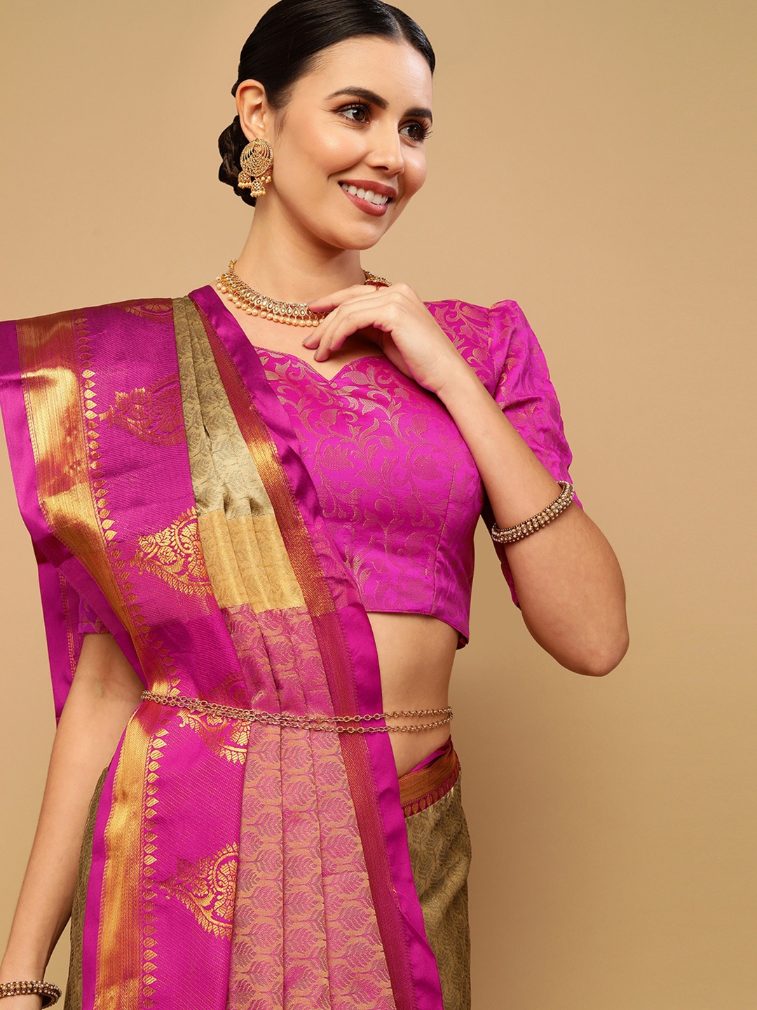 

Mitera Green & Pink Woven Design Zari Saree