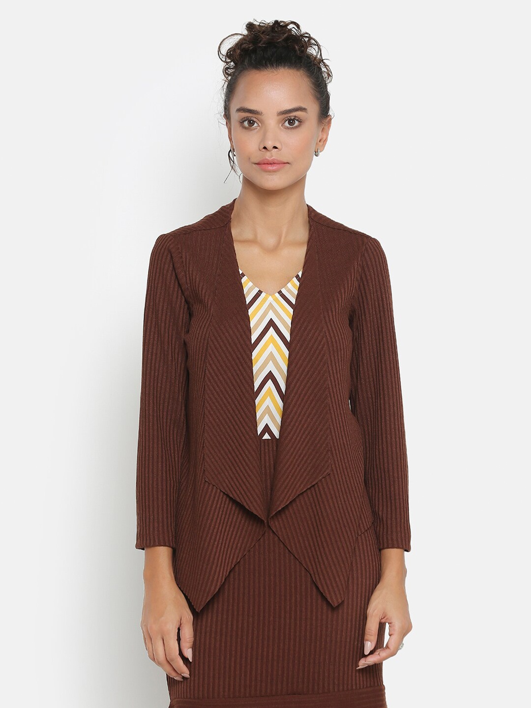 

OFFICE & YOU Women Brown Striped Party Shrug