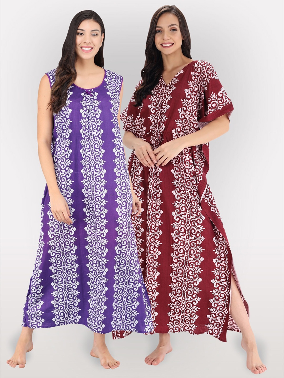 

Shararat Women Pack Of 2 Printed Maxi Cotton Nightdress, Purple