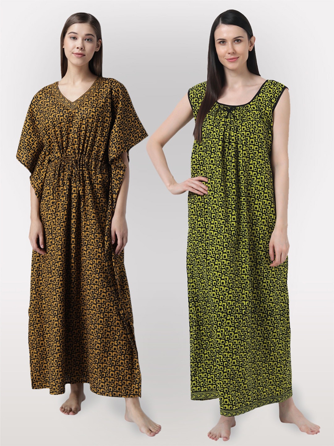 

Shararat Women Pack Of 2 Printed Maxi Cotton Nightdress, Mustard