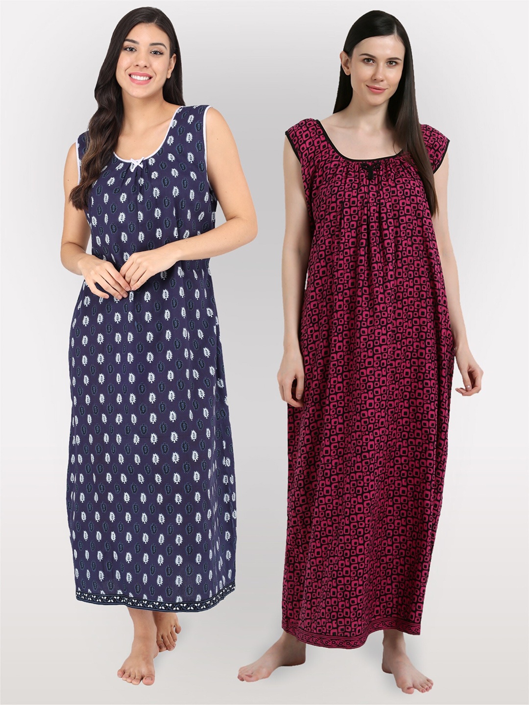 

Shararat Women Pack Of 2 Printed Maxi Cotton Nightdress, Navy blue