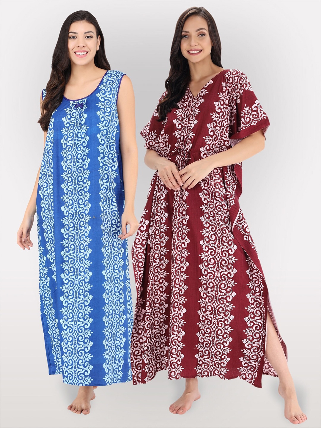 

Shararat Women Pack Of 2 Printed Maxi Cotton Nightdress, Blue