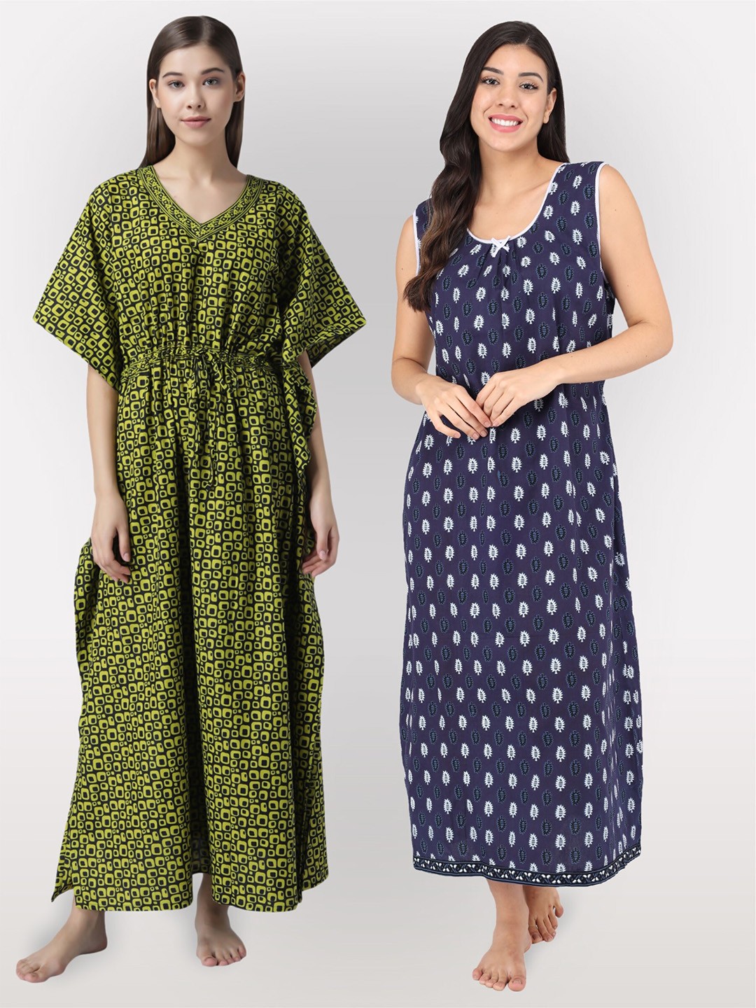

Shararat Women Pack Of 2 Printed Maxi Cotton Nightdress, Green