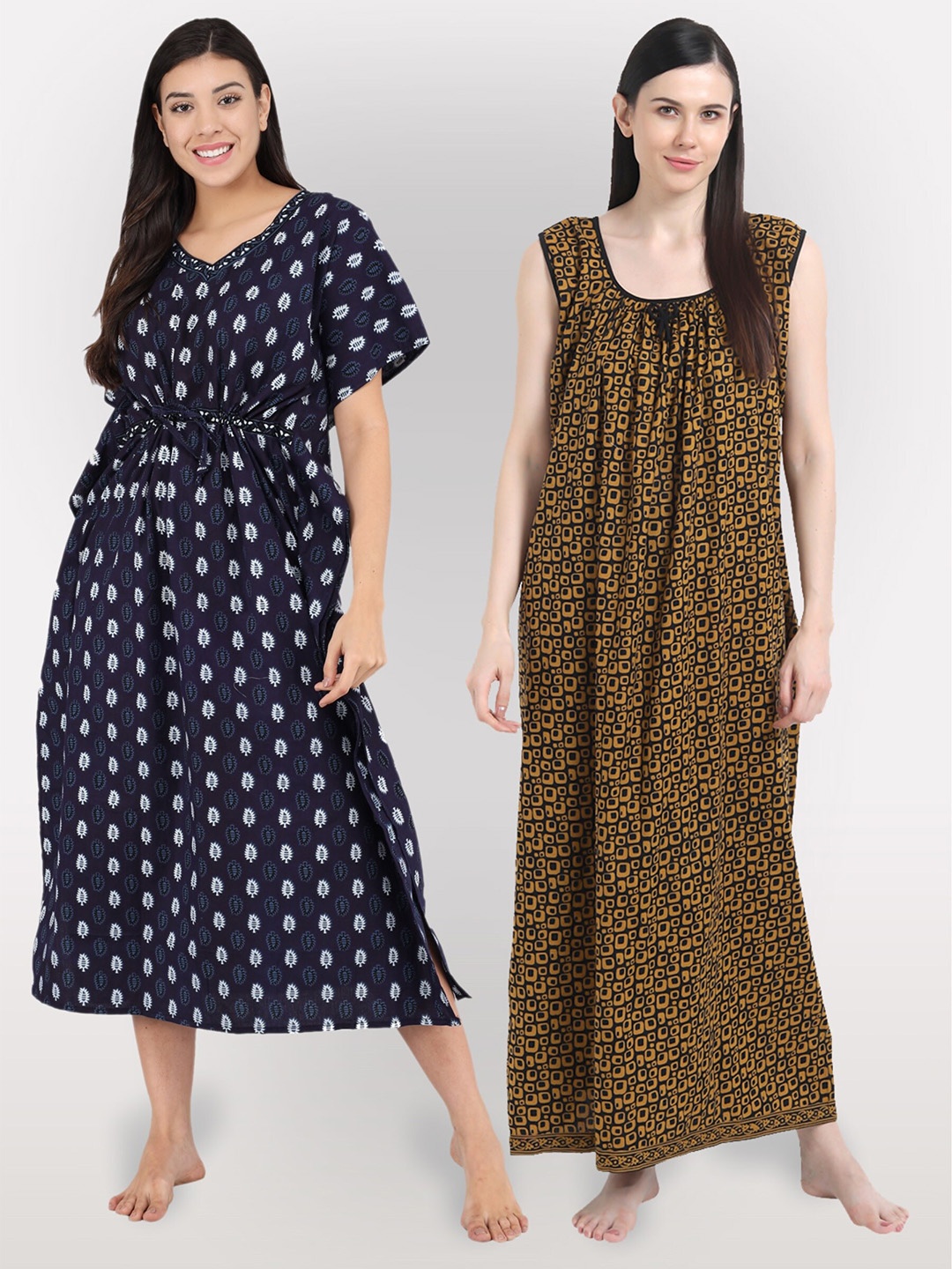 

Shararat Women Pack Of 2 Printed Maxi Cotton Nightdress, Navy blue