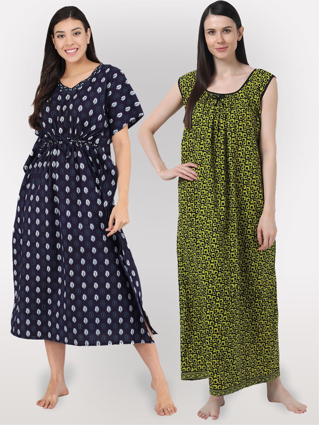 

Shararat Women Pack Of 2 Printed Maxi Cotton Nightdress, Navy blue
